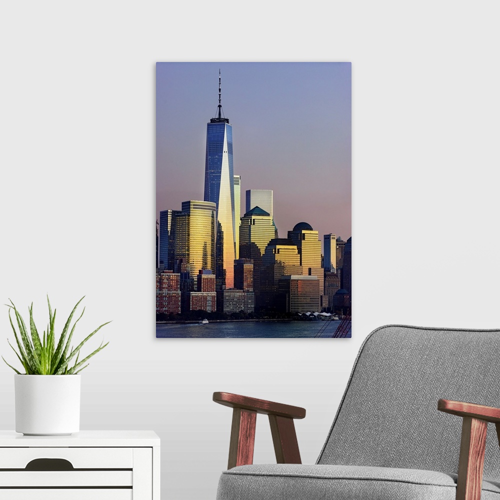 A modern room featuring 1WTC At Sunset
