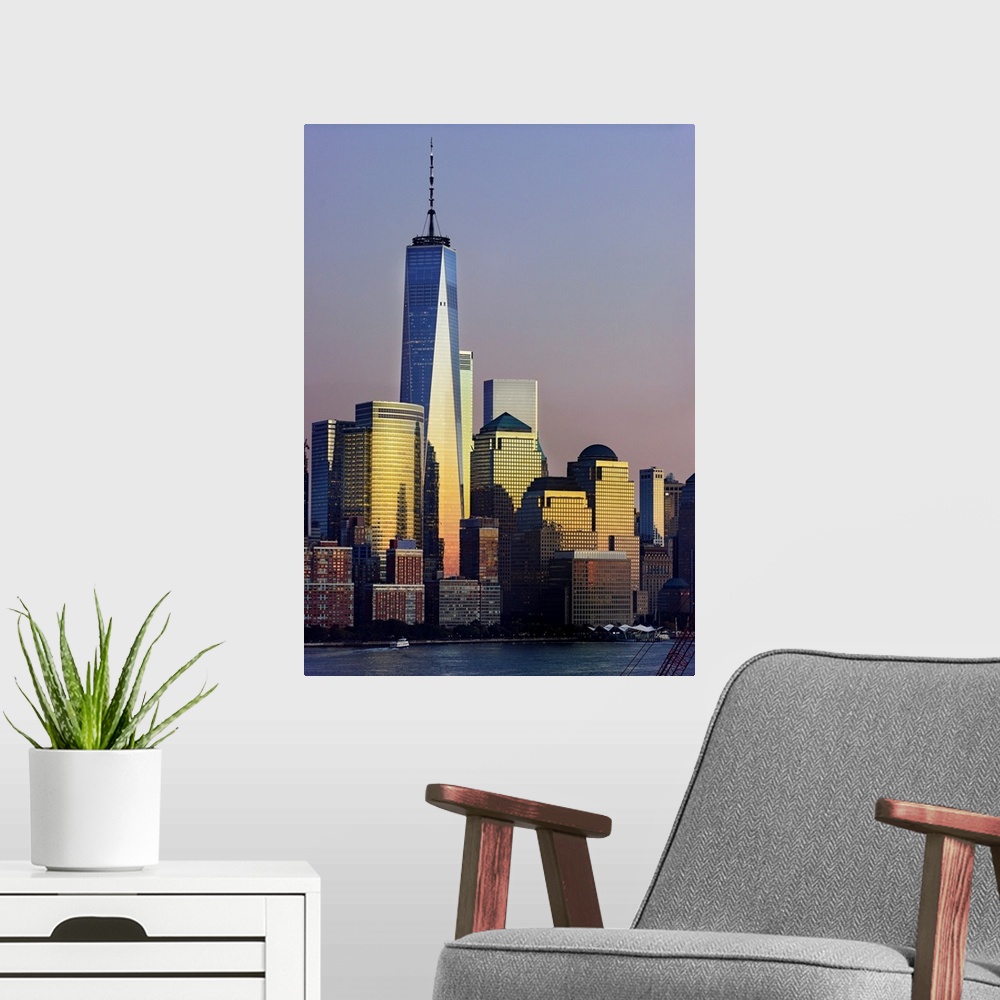A modern room featuring 1WTC At Sunset