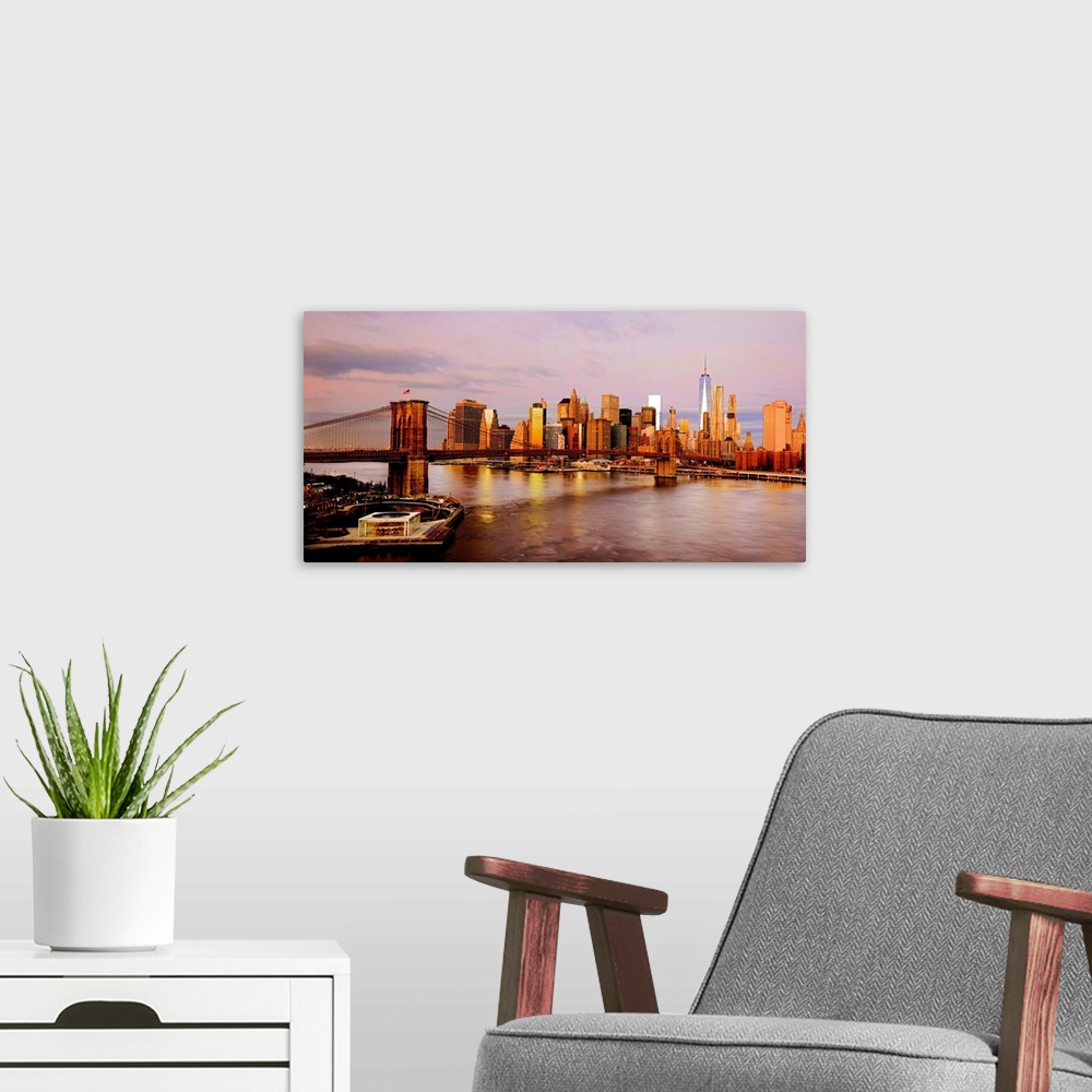 A modern room featuring Brooklyn Bridge And Lower Manhattan Panoramic View At Golden Hour