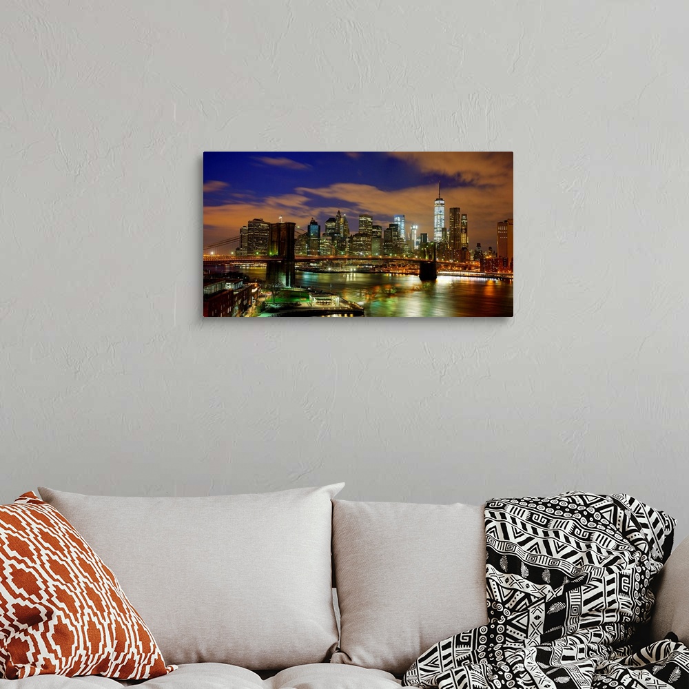 A bohemian room featuring Brooklyn Bridge And Lower Manhattan Panoramic View At Night