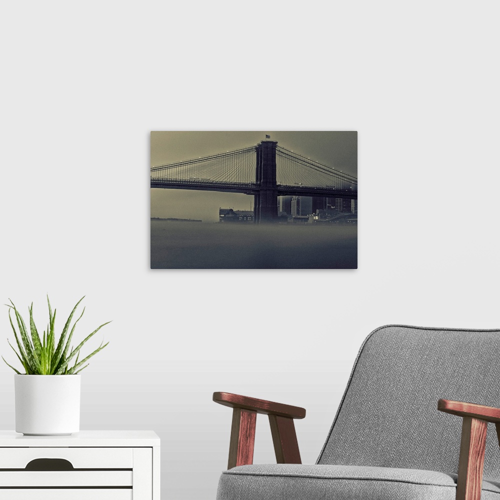 A modern room featuring Brooklyn Bridge Foggy Morning