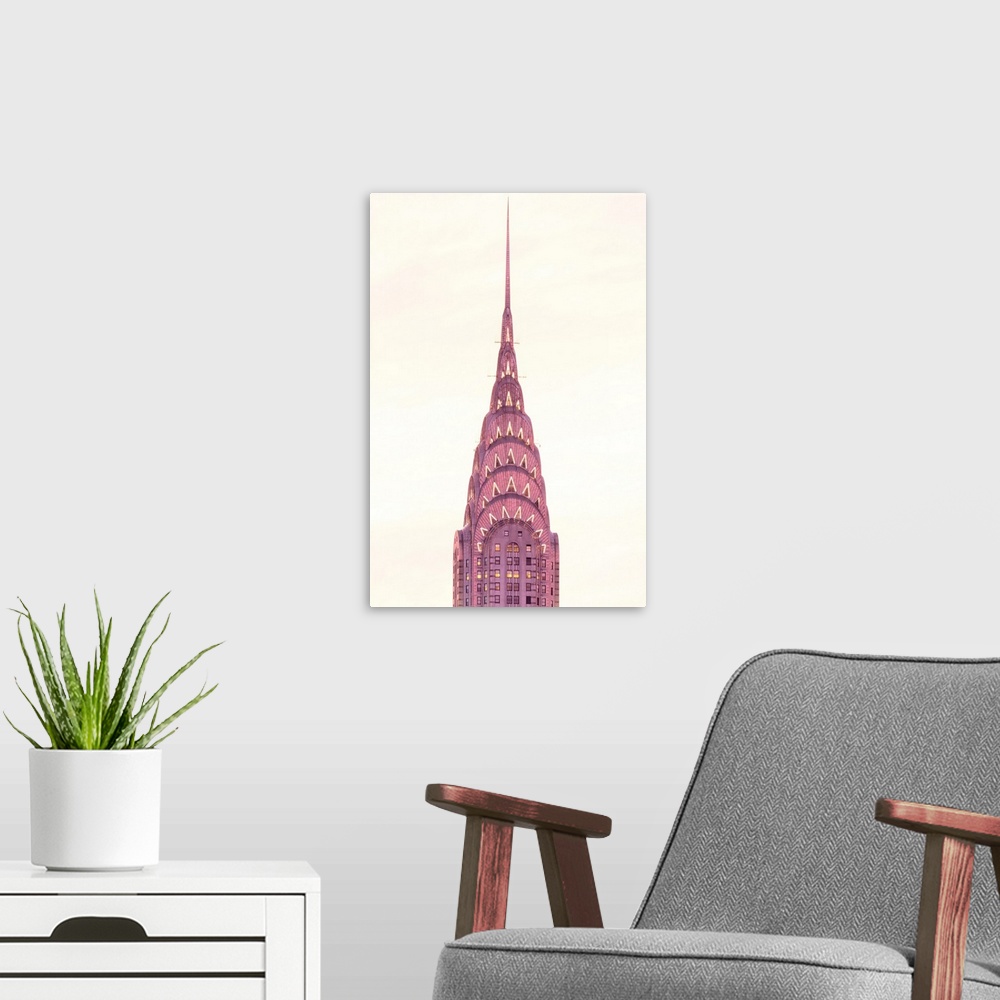 A modern room featuring Chrysler Building