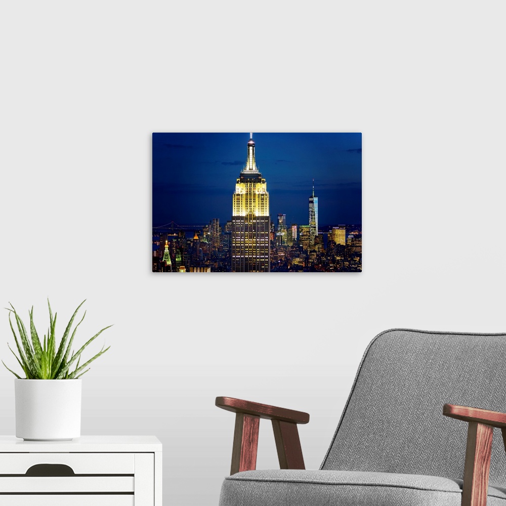 A modern room featuring Empire State Building And Freedom Tower