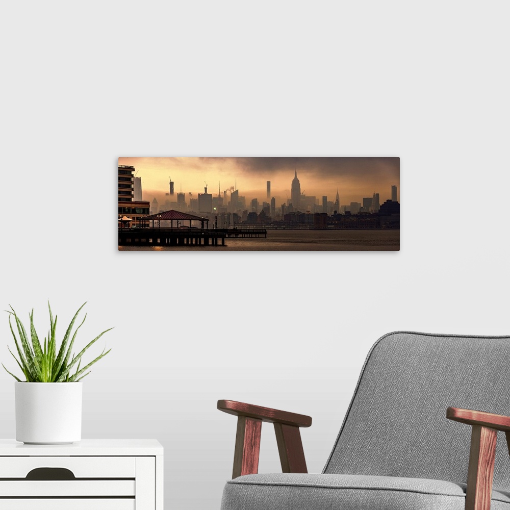 A modern room featuring Foggy Manhattan Panoramic View From Jersey