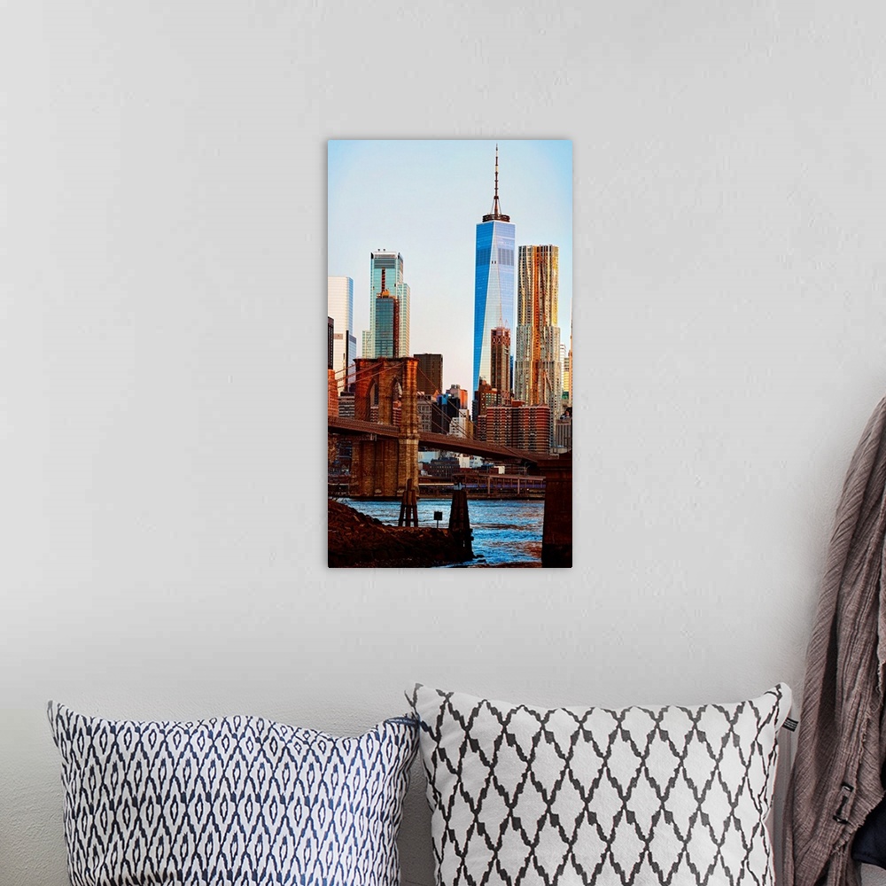 A bohemian room featuring Freedom Tower And Brooklyn Bridge At Sunrise