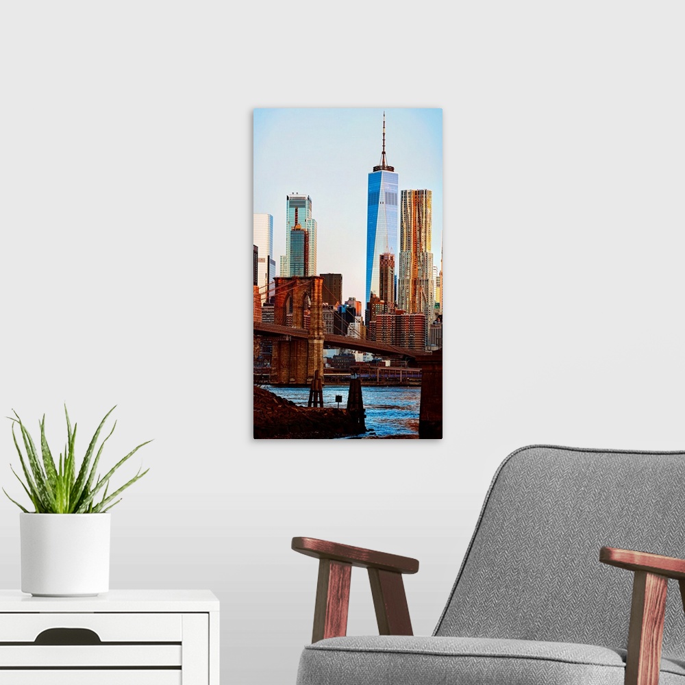 A modern room featuring Freedom Tower And Brooklyn Bridge At Sunrise