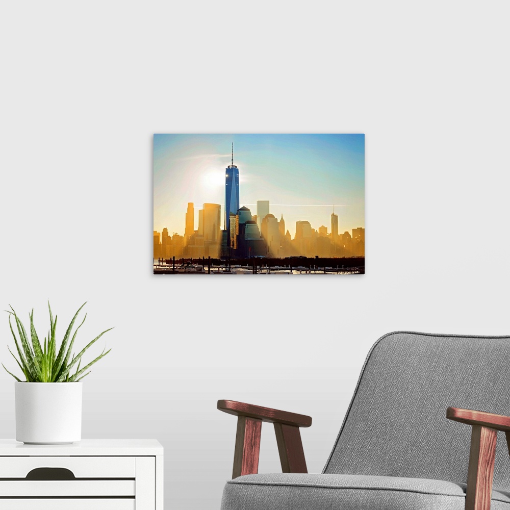 A modern room featuring Freedom Tower At Sunrise