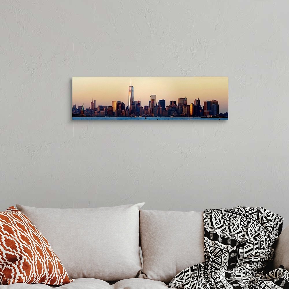 A bohemian room featuring Lower Manhattan, Empire State Building And Statue Of Liberty Panoramic View