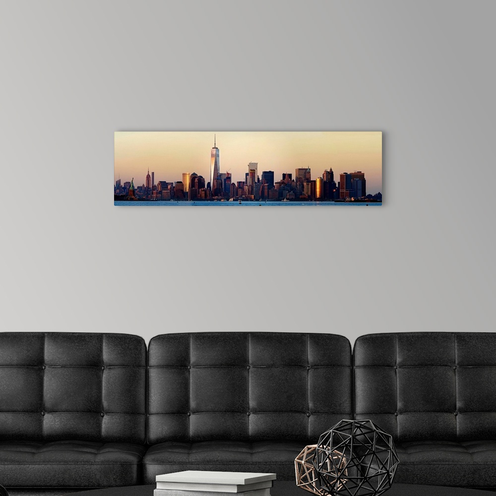 A modern room featuring Lower Manhattan, Empire State Building And Statue Of Liberty Panoramic View
