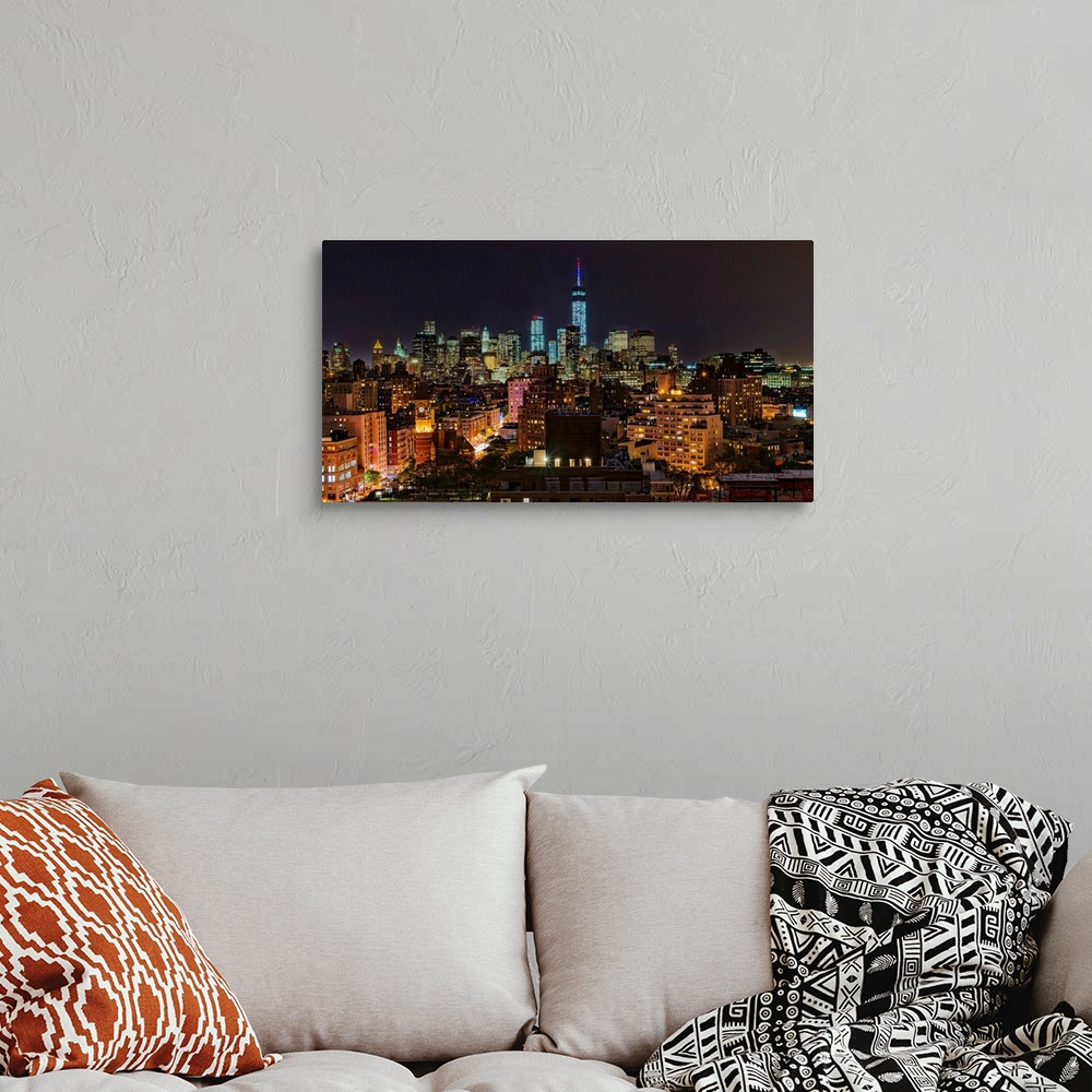 A bohemian room featuring Lower Manhattan Panoramic View At Night
