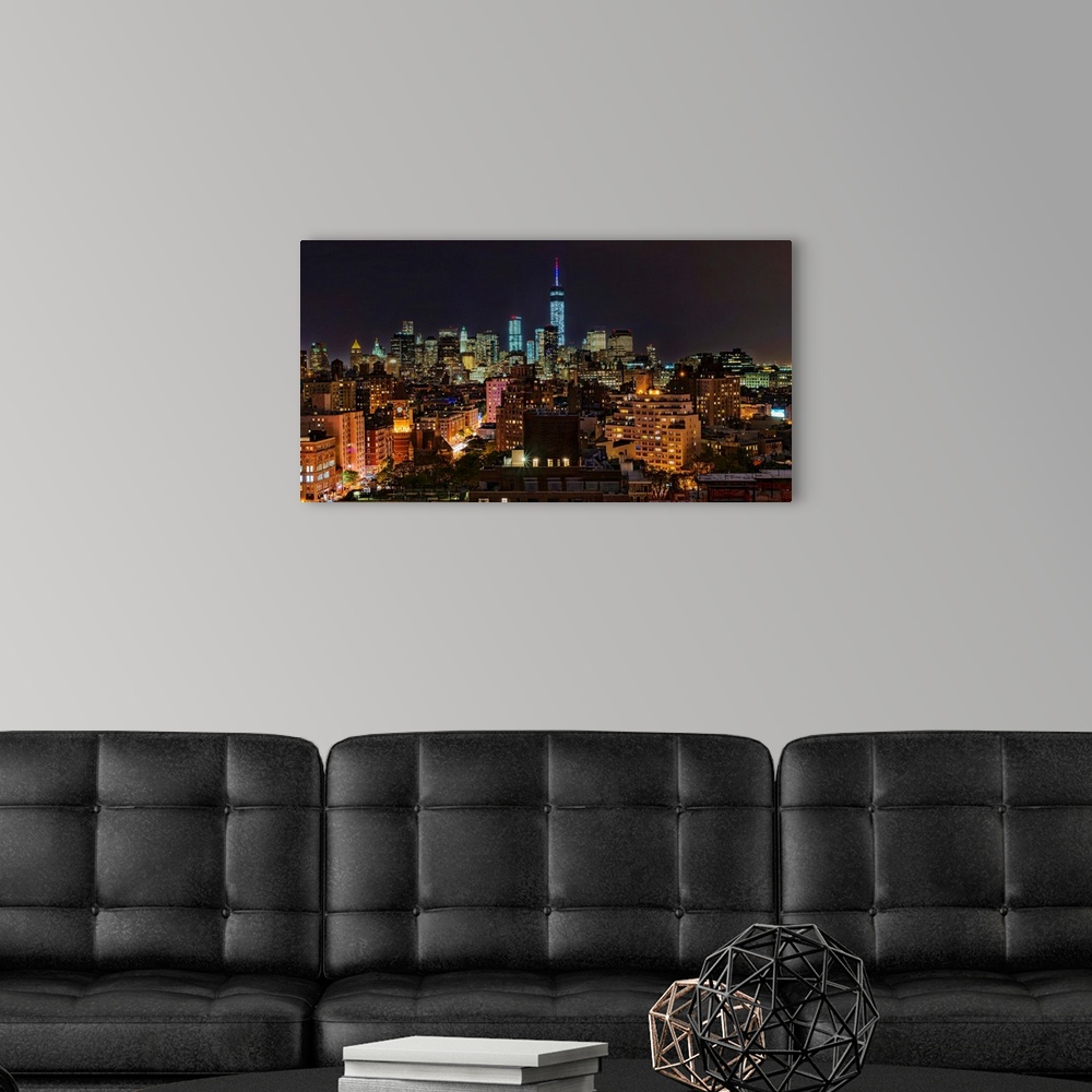 A modern room featuring Lower Manhattan Panoramic View At Night