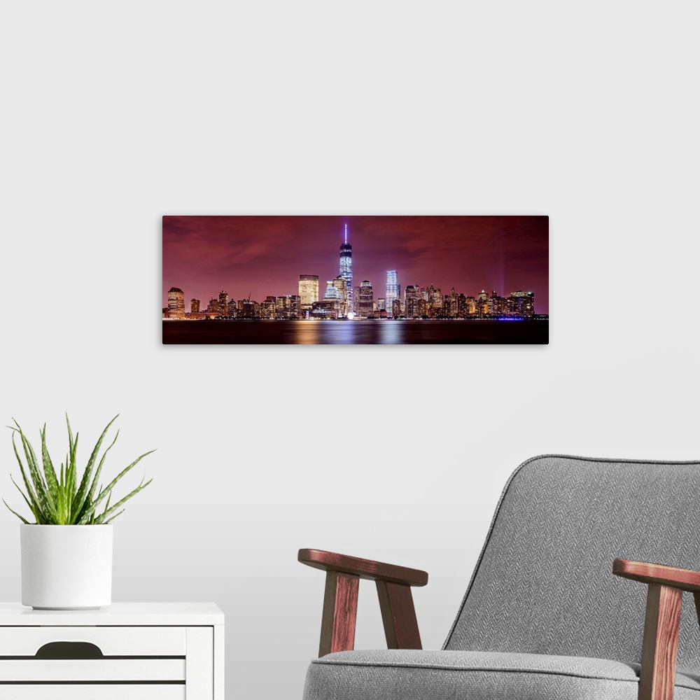A modern room featuring Lower Manhattan Panoramic View From New Jersey At Night