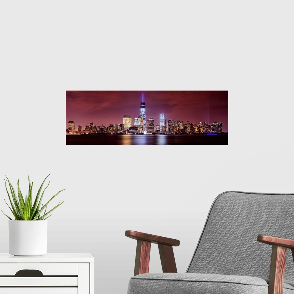 A modern room featuring Lower Manhattan Panoramic View From New Jersey At Night
