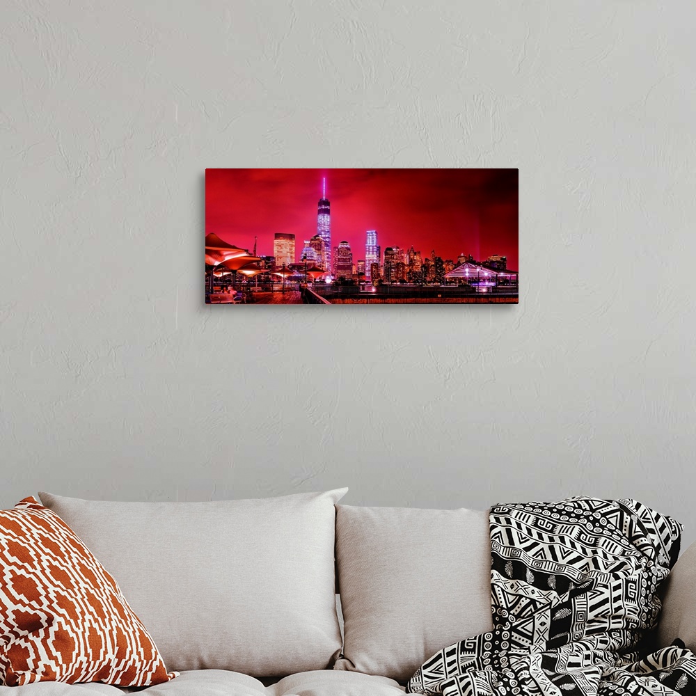 A bohemian room featuring Lower Manhattan Panoramic View From New Jersey At Night