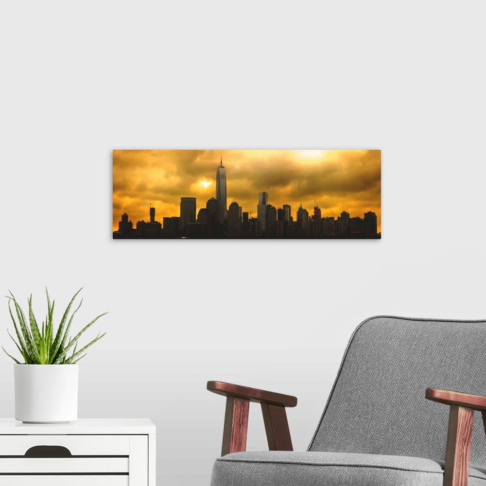 A modern room featuring Lower Manhattan Panoramic View From With Clouds
