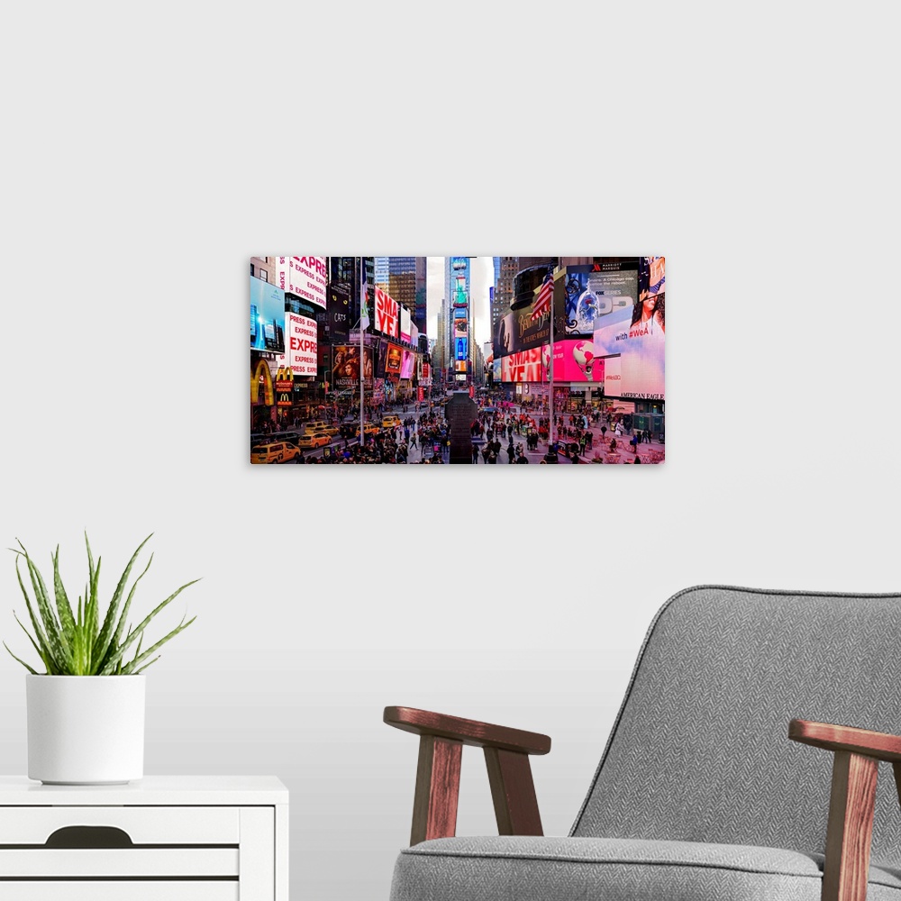 A modern room featuring Times Square