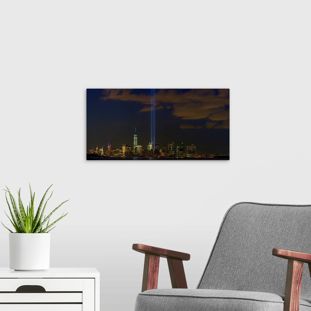 A modern room featuring Tribute In Light Panoramic View With Lower Manhattan And Statue Of Liberty