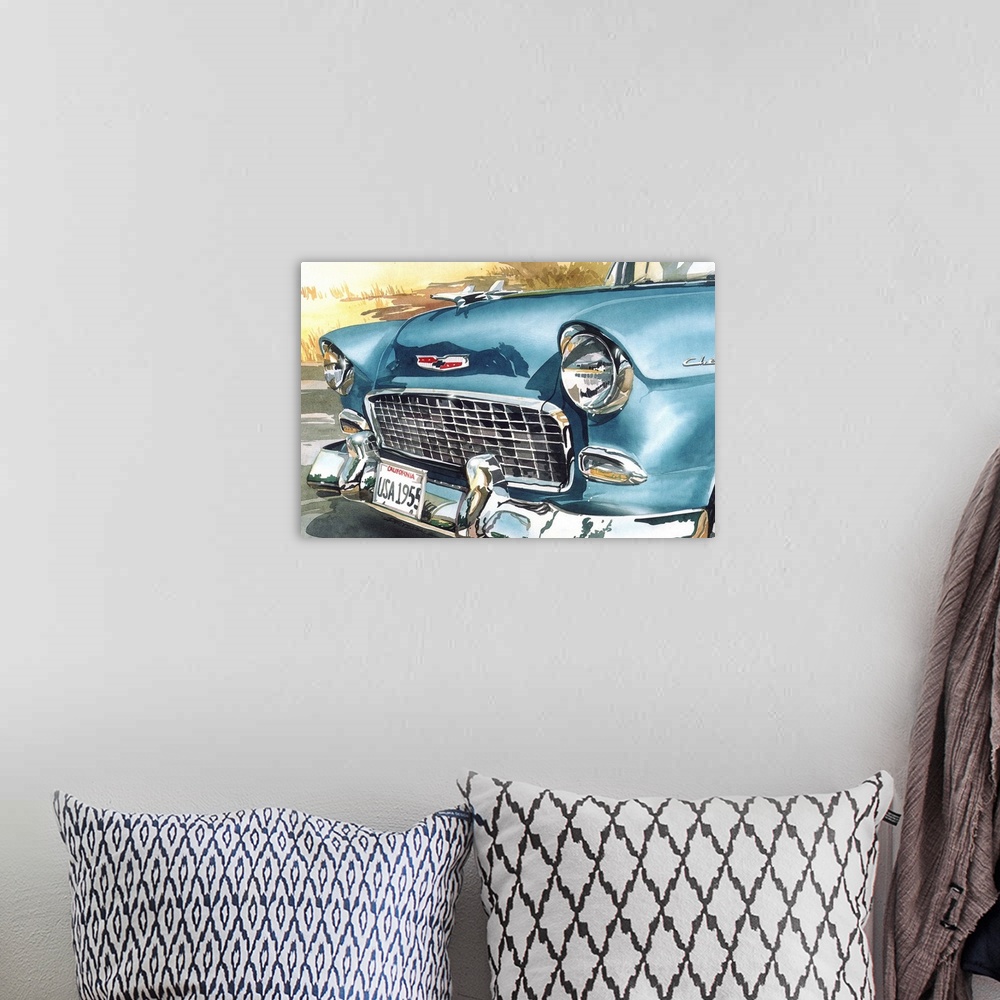 A bohemian room featuring Watercolor painting of the front of a blue 1955 Chevy