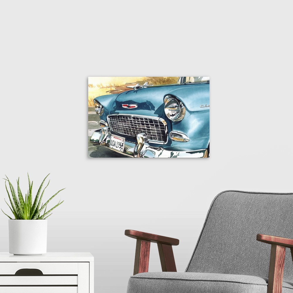 A modern room featuring Watercolor painting of the front of a blue 1955 Chevy