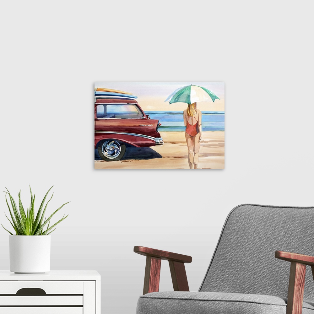 A modern room featuring Watercolor of a '56 Chevy at the shoreline.