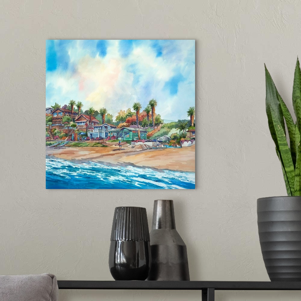 A modern room featuring Watercolor of the bungalows in Crystal Cove, Newport Beach, California.