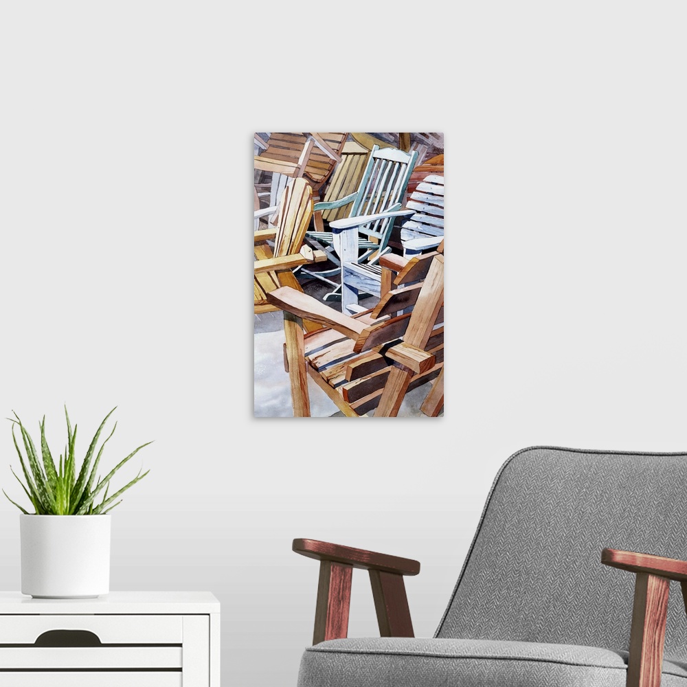 A modern room featuring Watercolor painting of different Adirondack Chairs