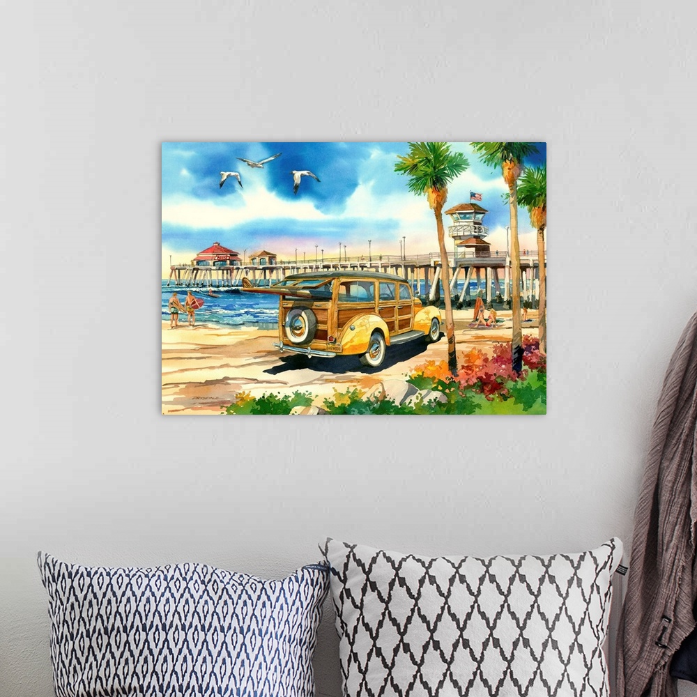 A bohemian room featuring Watercolor of a classic woodie wagon on the beach at Surf City, Huntington Beach, CA.