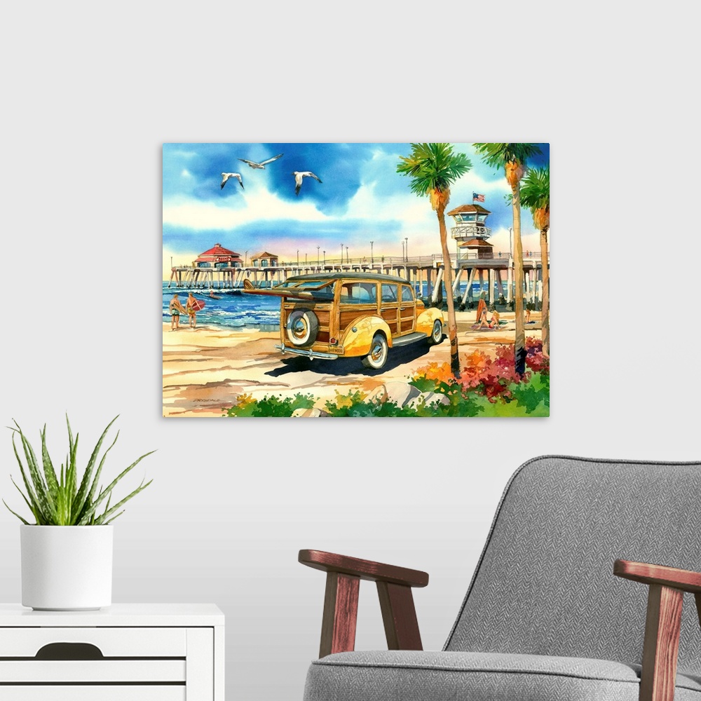 A modern room featuring Watercolor of a classic woodie wagon on the beach at Surf City, Huntington Beach, CA.