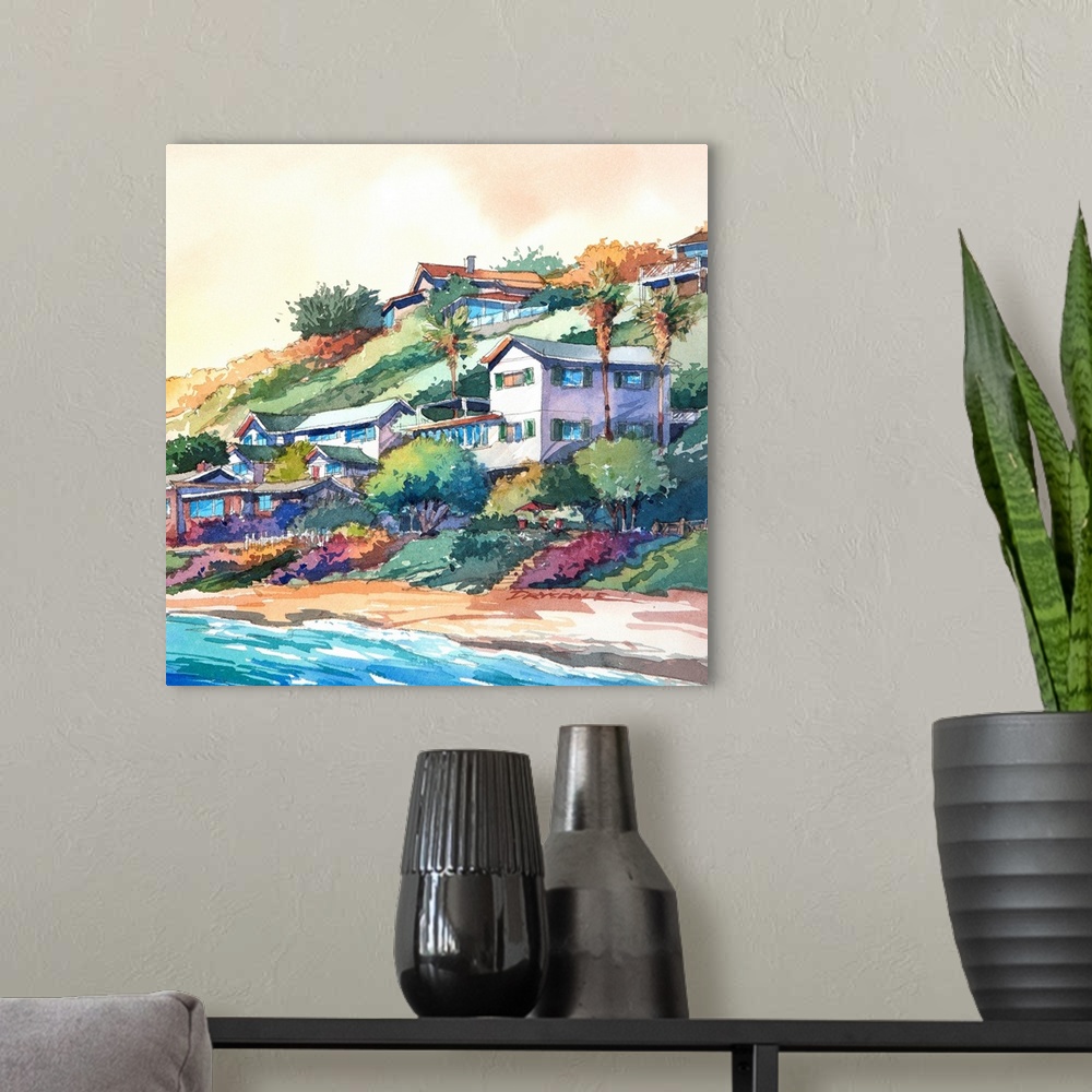 A modern room featuring Watercolor of the bungalows along the coast in Newport Beach, California.