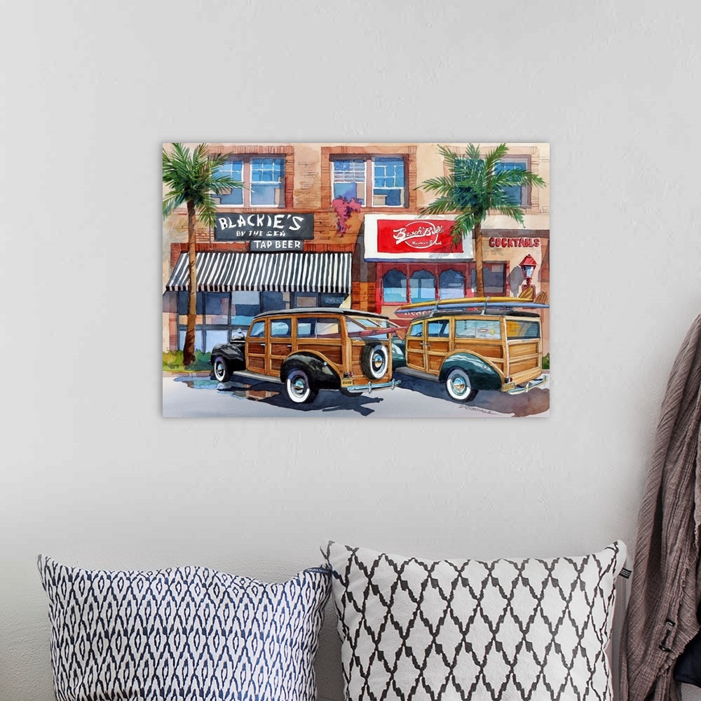 A bohemian room featuring Watercolor painting of Blackies, located across from the pier in Newport Beach California, has be...