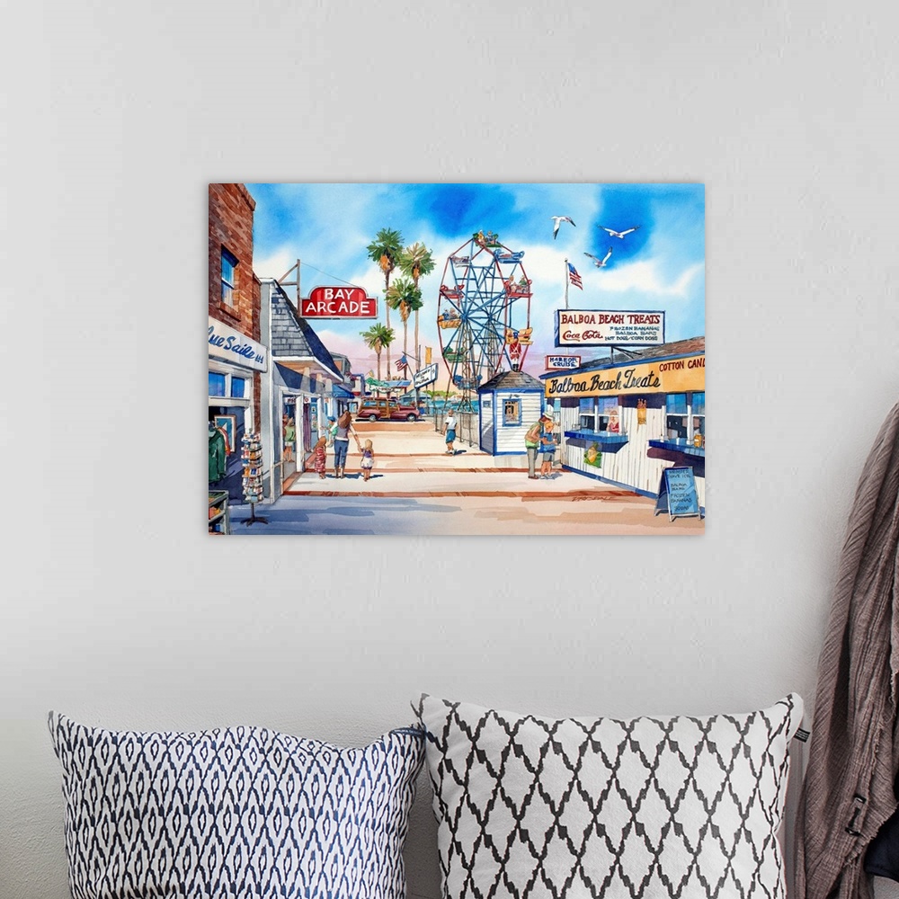 A bohemian room featuring Watercolor painting of Balboa's Fun Zone in Newport Beach, California.