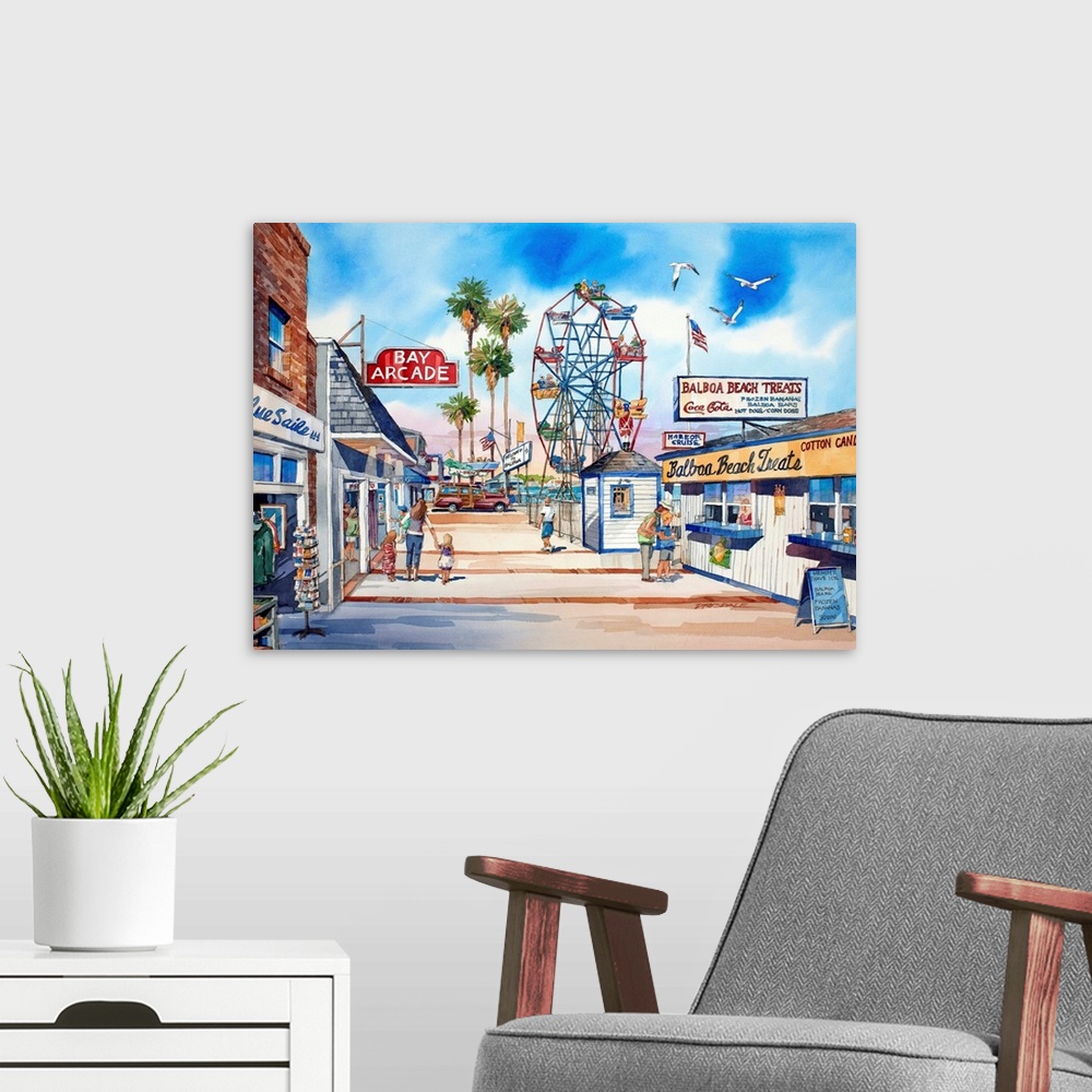 A modern room featuring Watercolor painting of Balboa's Fun Zone in Newport Beach, California.