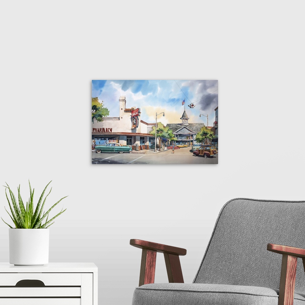 A modern room featuring Watercolor painting of the Balboa Pavilion in Newport Beach, CA.