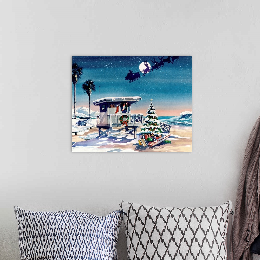 A bohemian room featuring Watercolor painting of a snowy beach scene with a decorated lifeguard stand and Christmas tree, a...