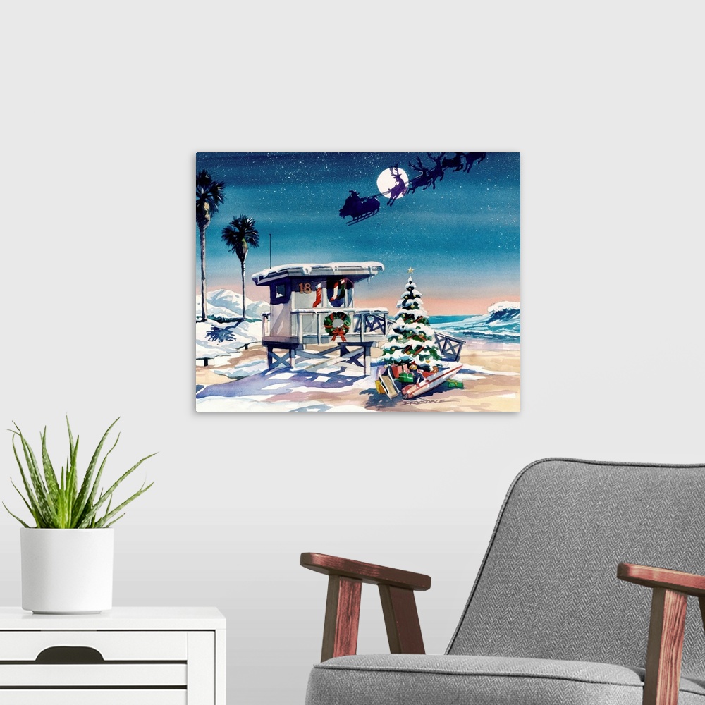 A modern room featuring Watercolor painting of a snowy beach scene with a decorated lifeguard stand and Christmas tree, a...