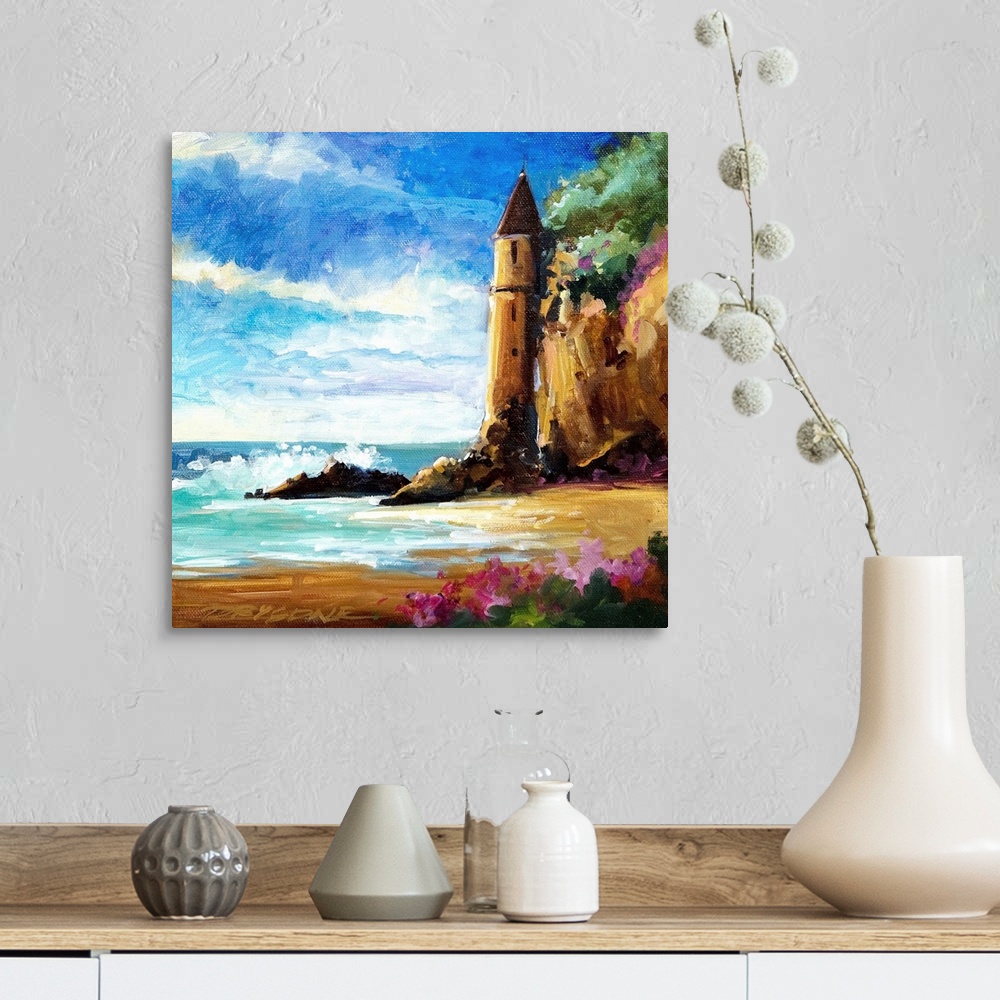A farmhouse room featuring Watercolor painting of a castle on the shore in Laguna Beach, California.