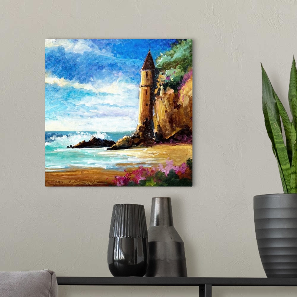 A modern room featuring Watercolor painting of a castle on the shore in Laguna Beach, California.