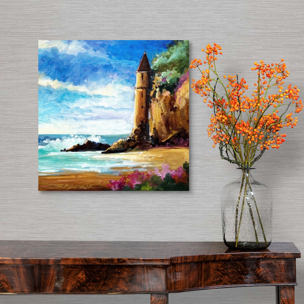 A traditional room featuring Watercolor painting of a castle on the shore in Laguna Beach, California.