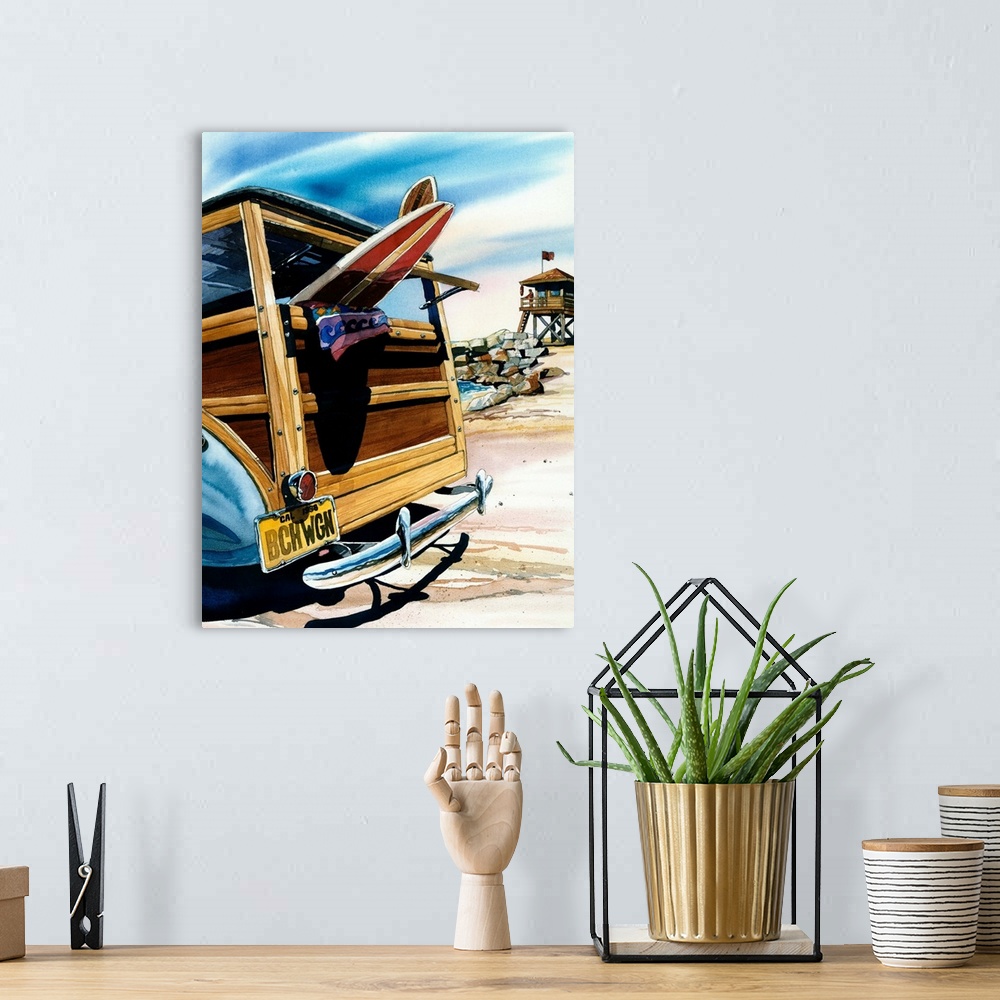 A bohemian room featuring Watercolor of a woodie surf wagon at Salt Creek Beach in Dana Point CA