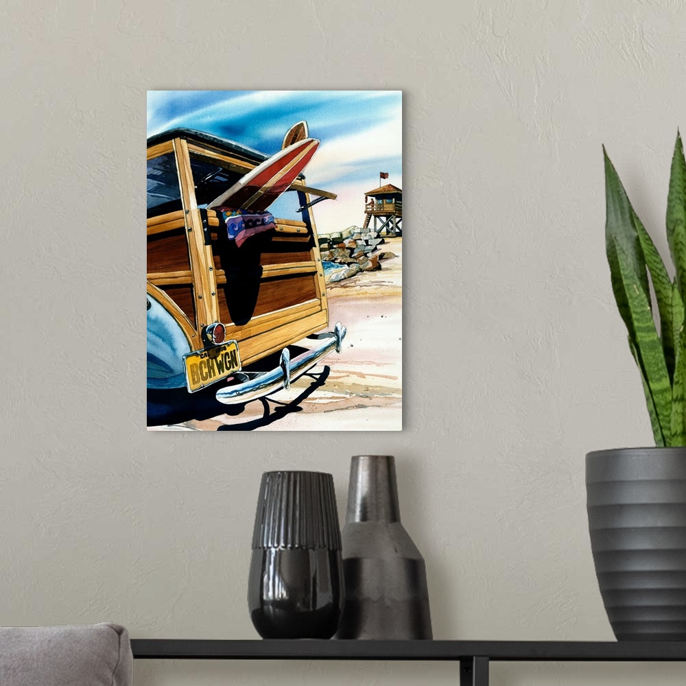 A modern room featuring Watercolor of a woodie surf wagon at Salt Creek Beach in Dana Point CA