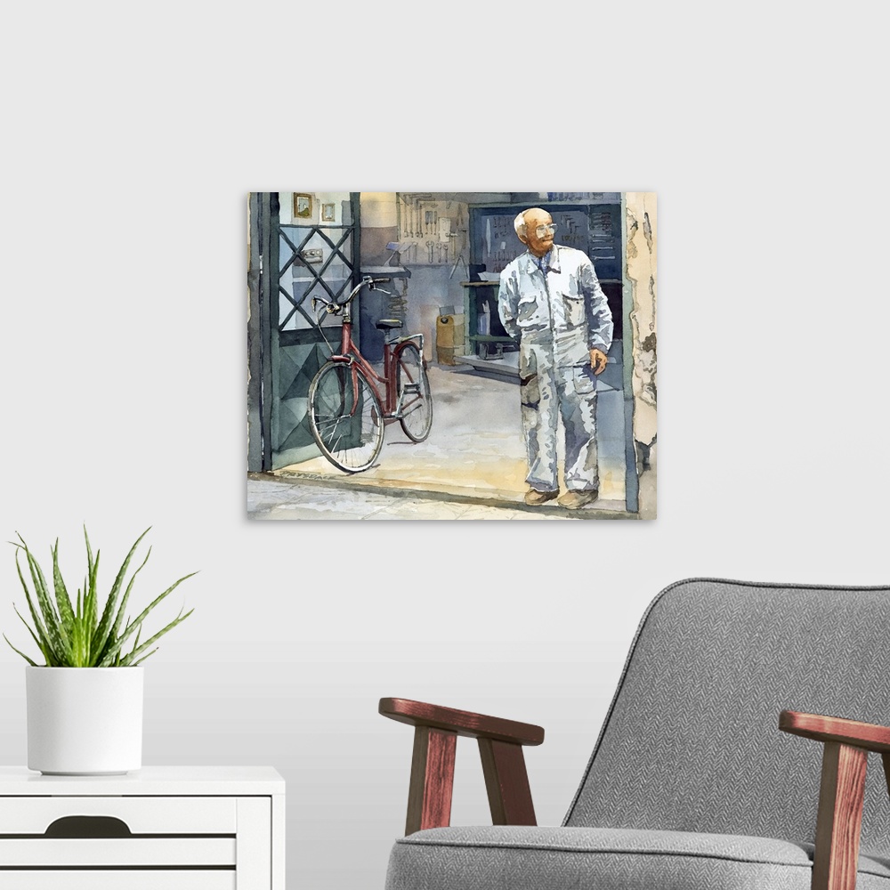 A modern room featuring Watercolor painting of a bicycle Repairman in Lucca, Italy