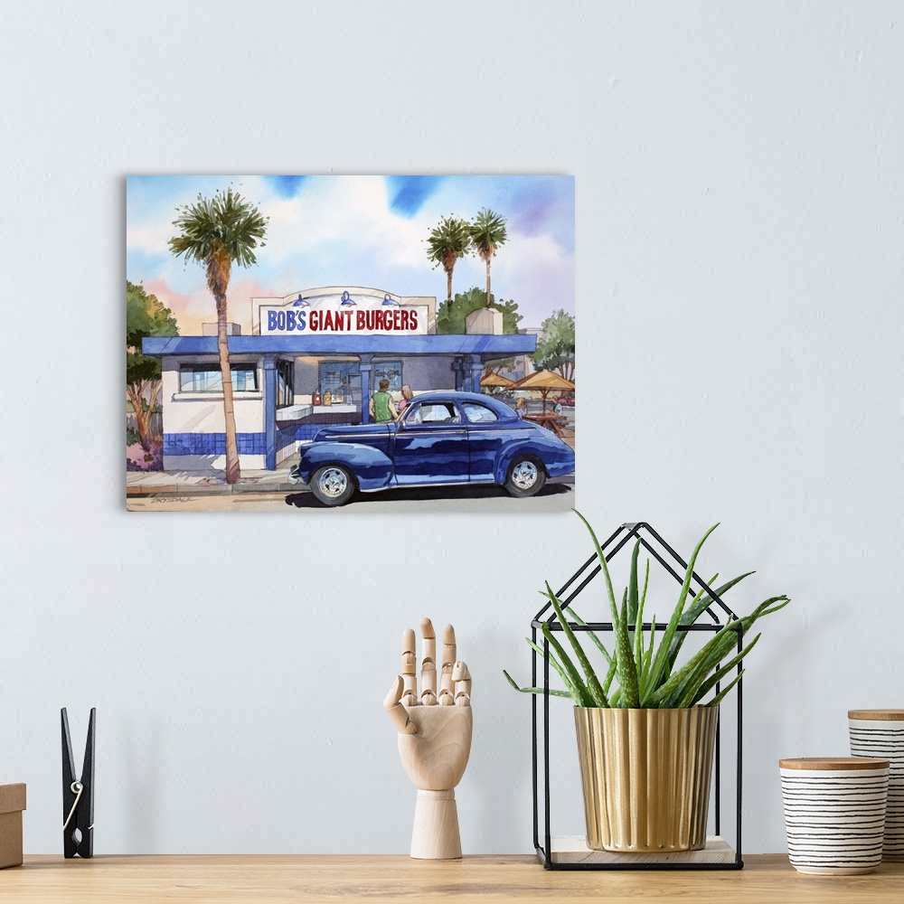 A bohemian room featuring Watercolor painting of a 41 Chevy parked at Bob's Hamburger Stand in Fremont, CA.