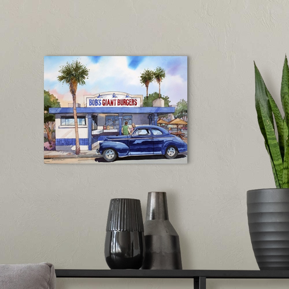 A modern room featuring Watercolor painting of a 41 Chevy parked at Bob's Hamburger Stand in Fremont, CA.
