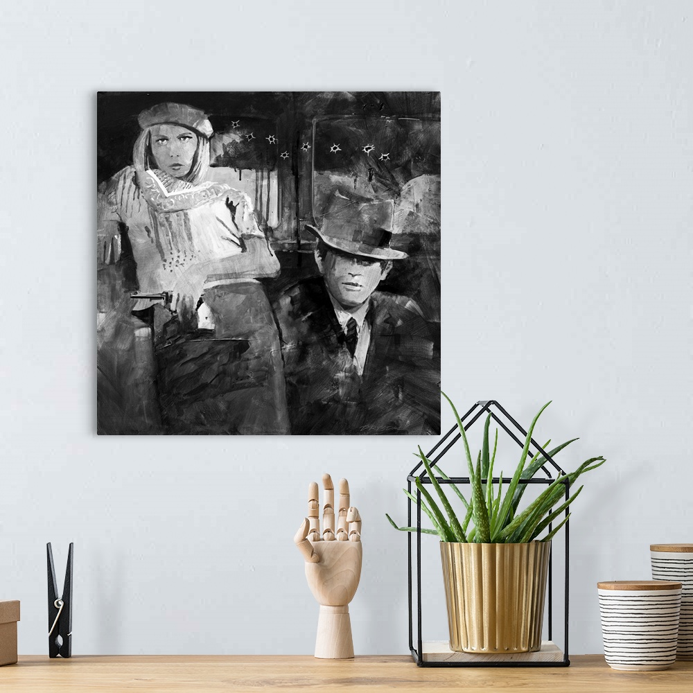 A bohemian room featuring Black and white image of my Bonnie and Clyde on a square canvas.