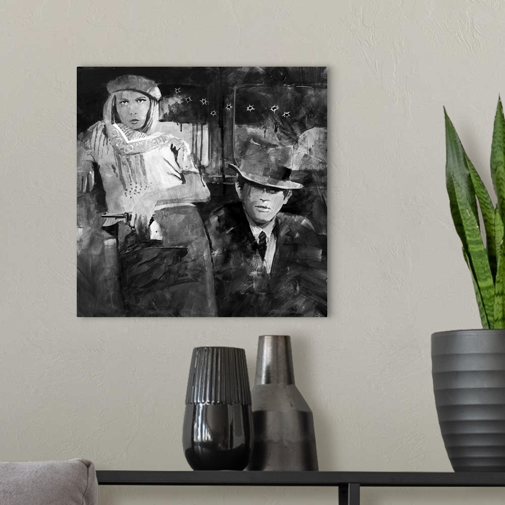 A modern room featuring Black and white image of my Bonnie and Clyde on a square canvas.
