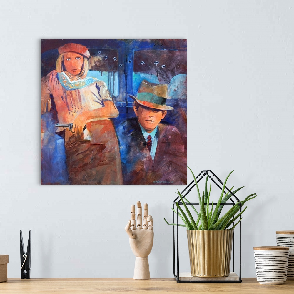 A bohemian room featuring Painted portrait of Bonnie and Clyde leaning up against a blue car with bullet holes in it.