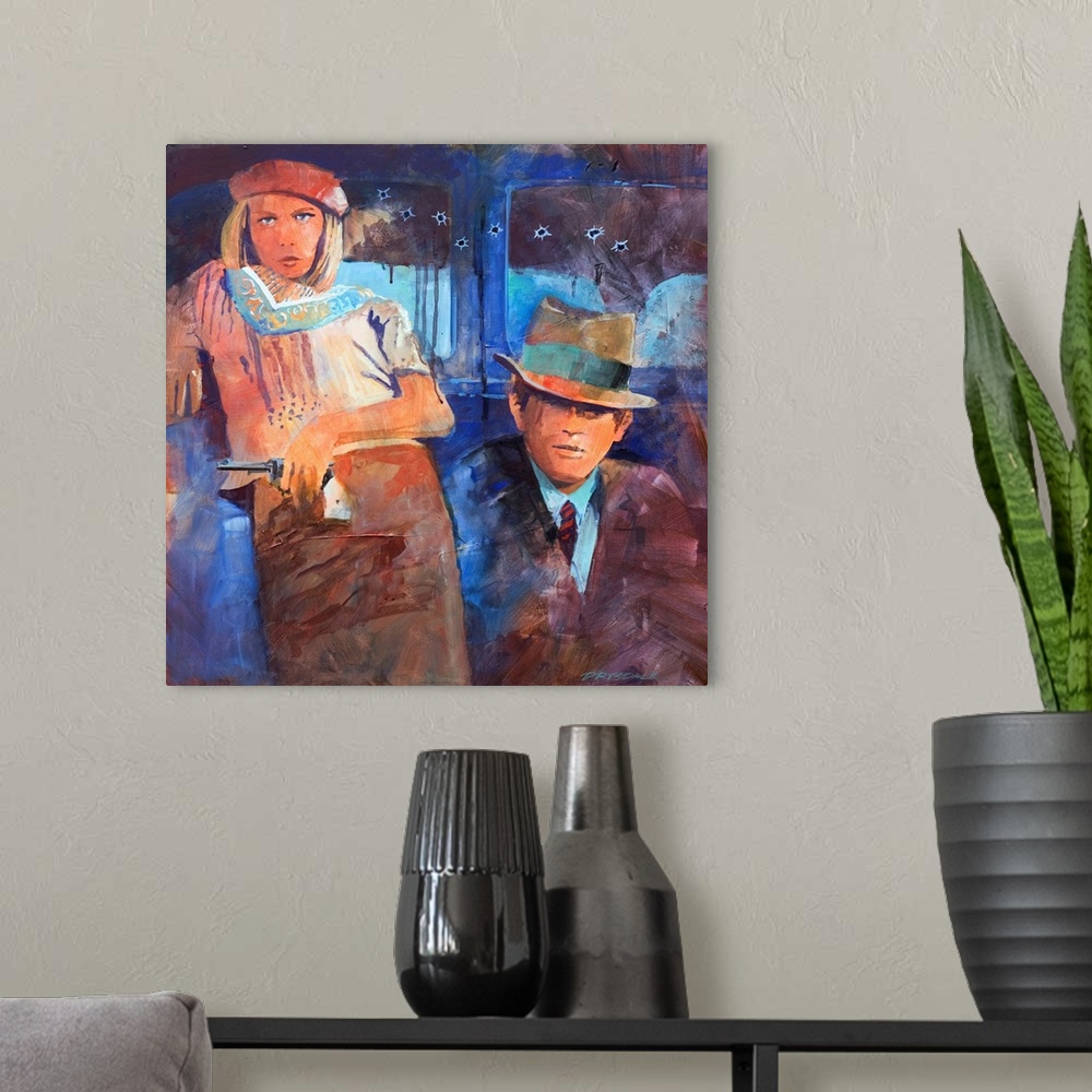 A modern room featuring Painted portrait of Bonnie and Clyde leaning up against a blue car with bullet holes in it.