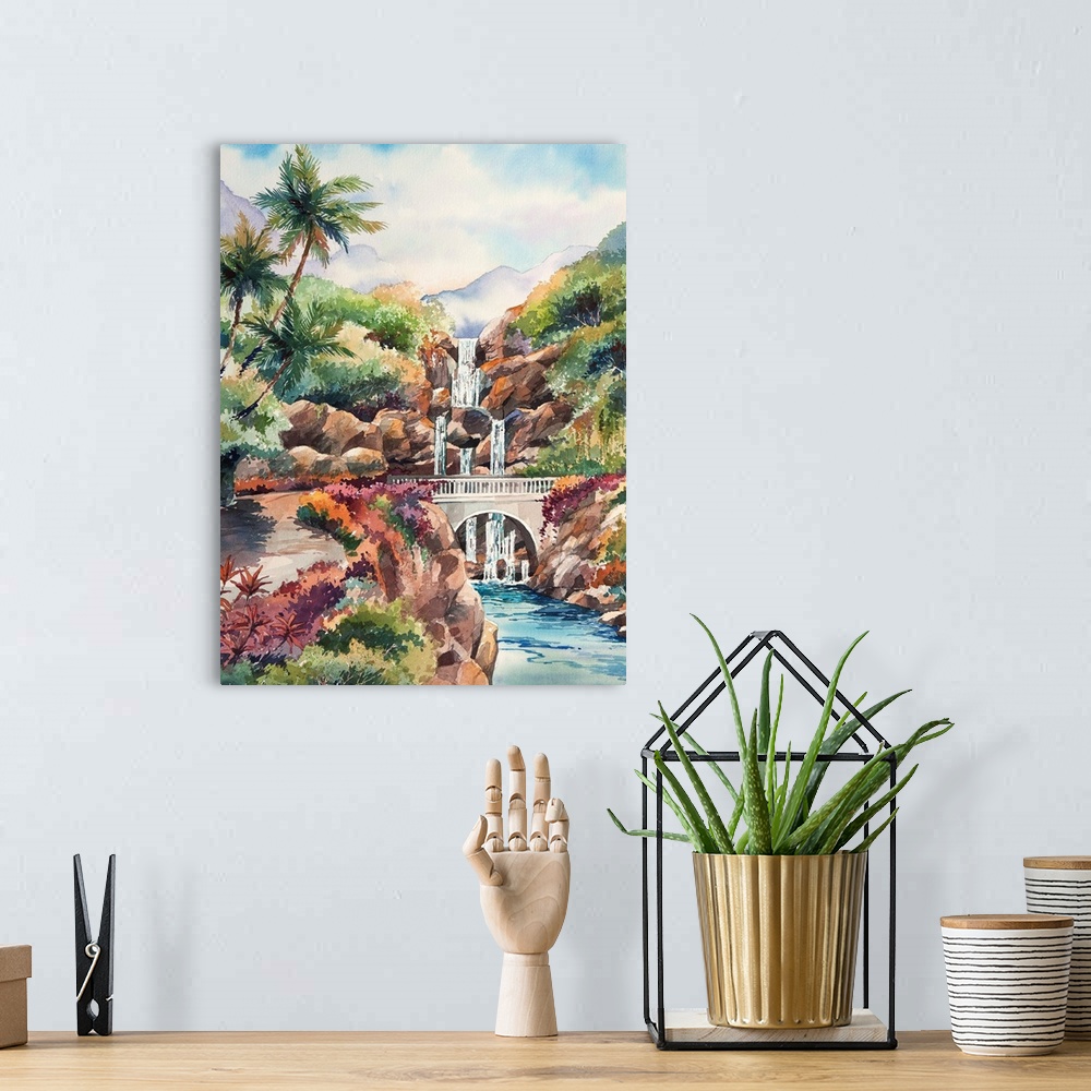 A bohemian room featuring Watercolor painting of the Bridge to Hana with a waterfall in the background, Hawaii