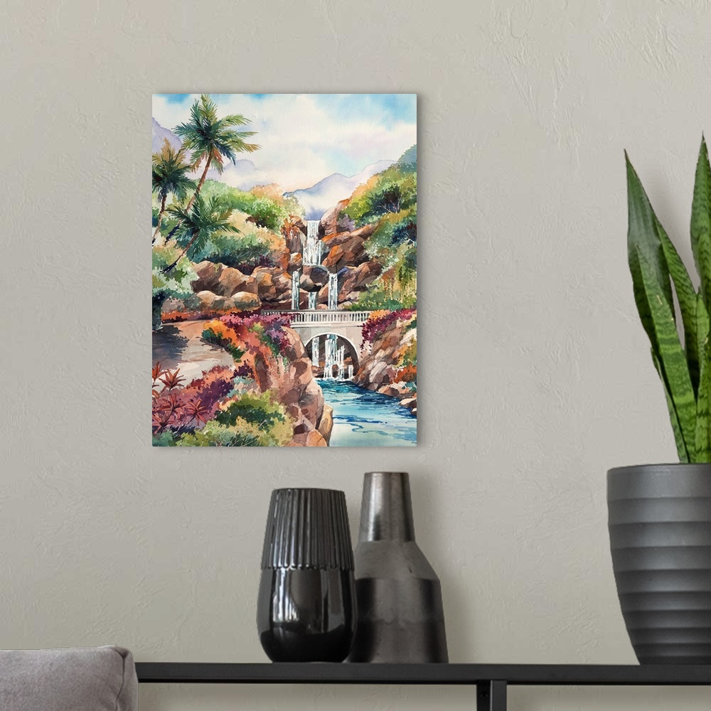 A modern room featuring Watercolor painting of the Bridge to Hana with a waterfall in the background, Hawaii