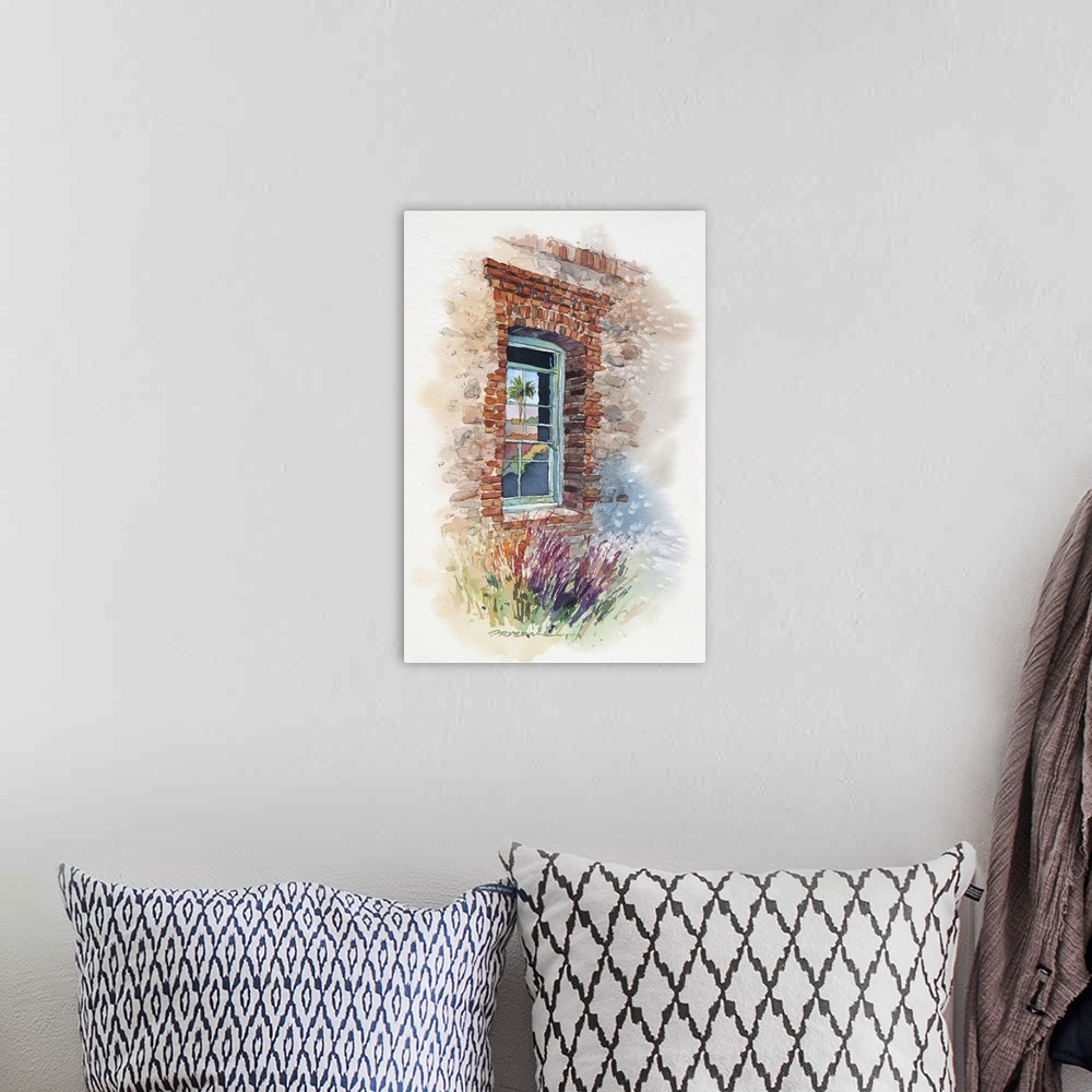 A bohemian room featuring Watercolor of a window at the San Juan Capistrano train depot.